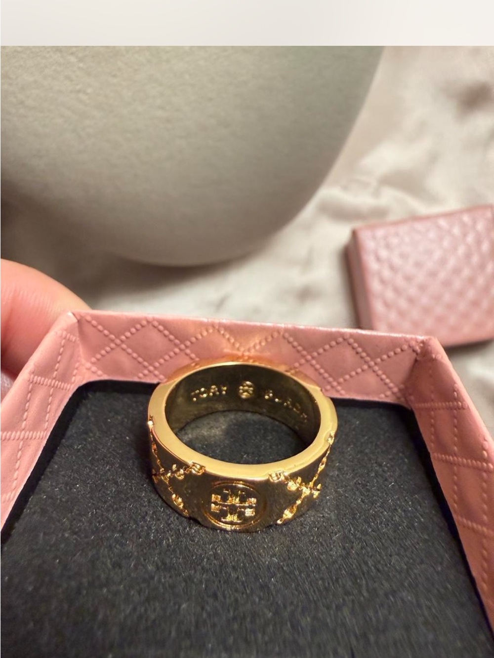 Tory Burch Gold Emblem Wide Band Ring size 8 NWT